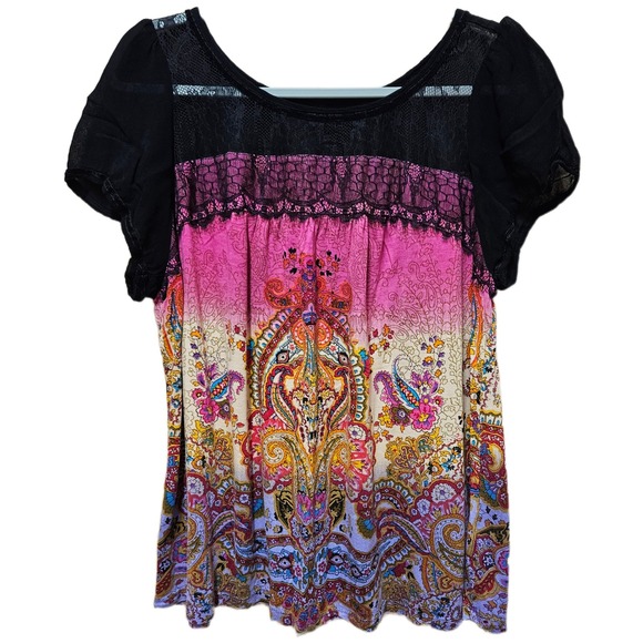 Bila Tops - Bila Bohemian Short Sleeve‎ Sheer & Lace Detail Multicolor Floral Blouse Size XL